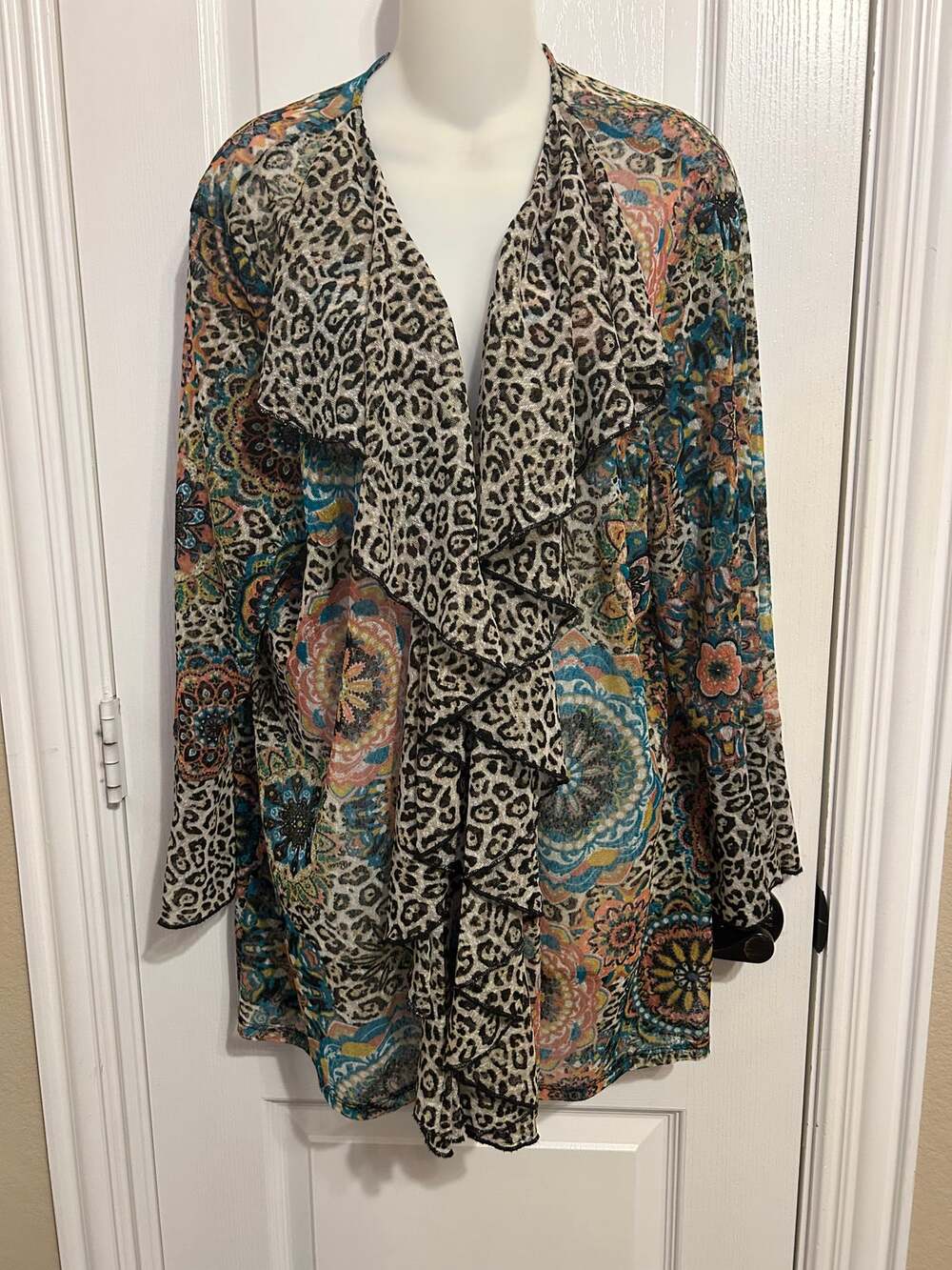Multiples by David Benjamin Plus Size Mixed Print Ruffle Open-Front Cardigan - Picture 1 of 5